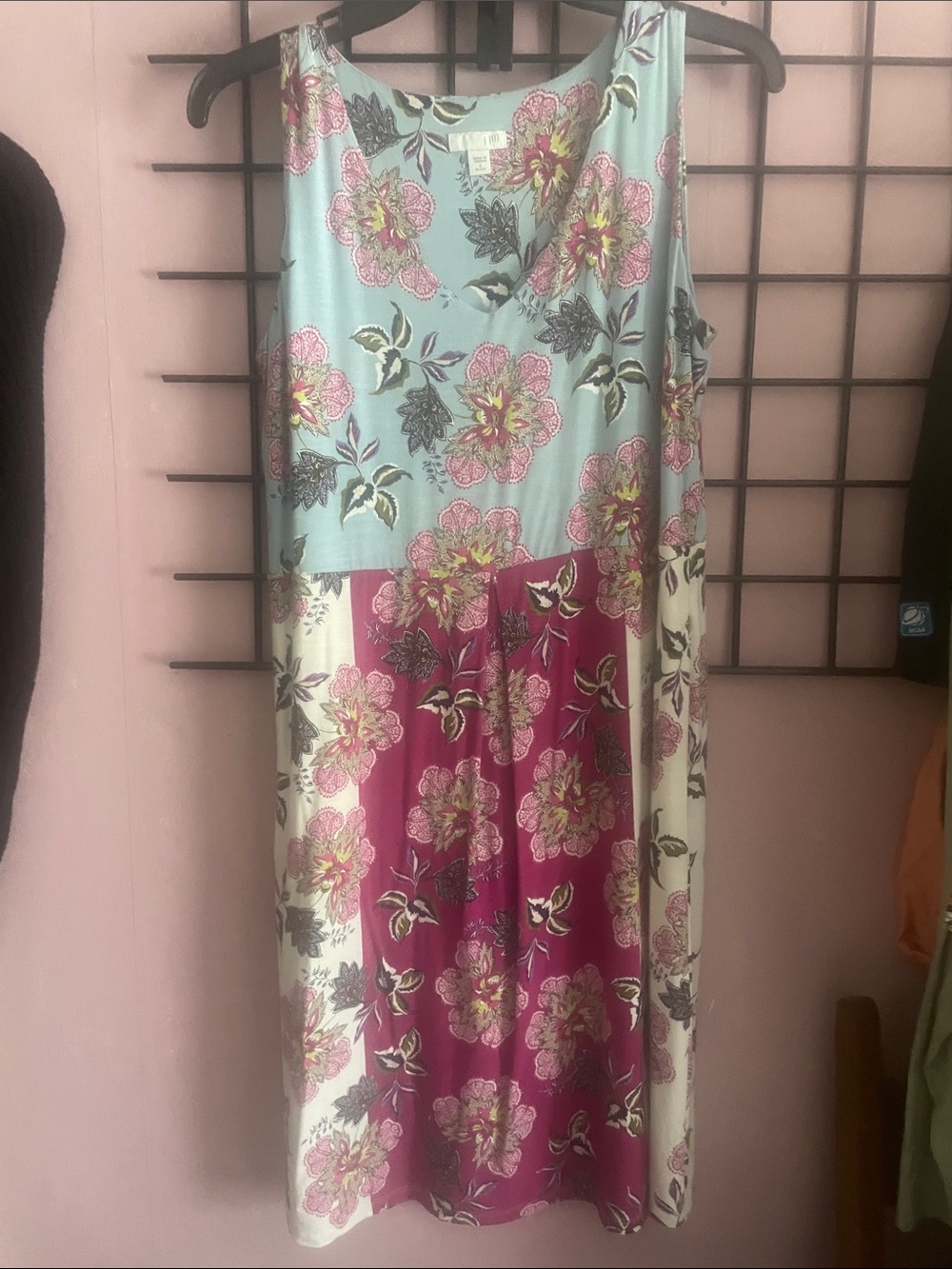 J. Jill Floral Colorblock Sleeveless Midi Dress in Teal and Magenta